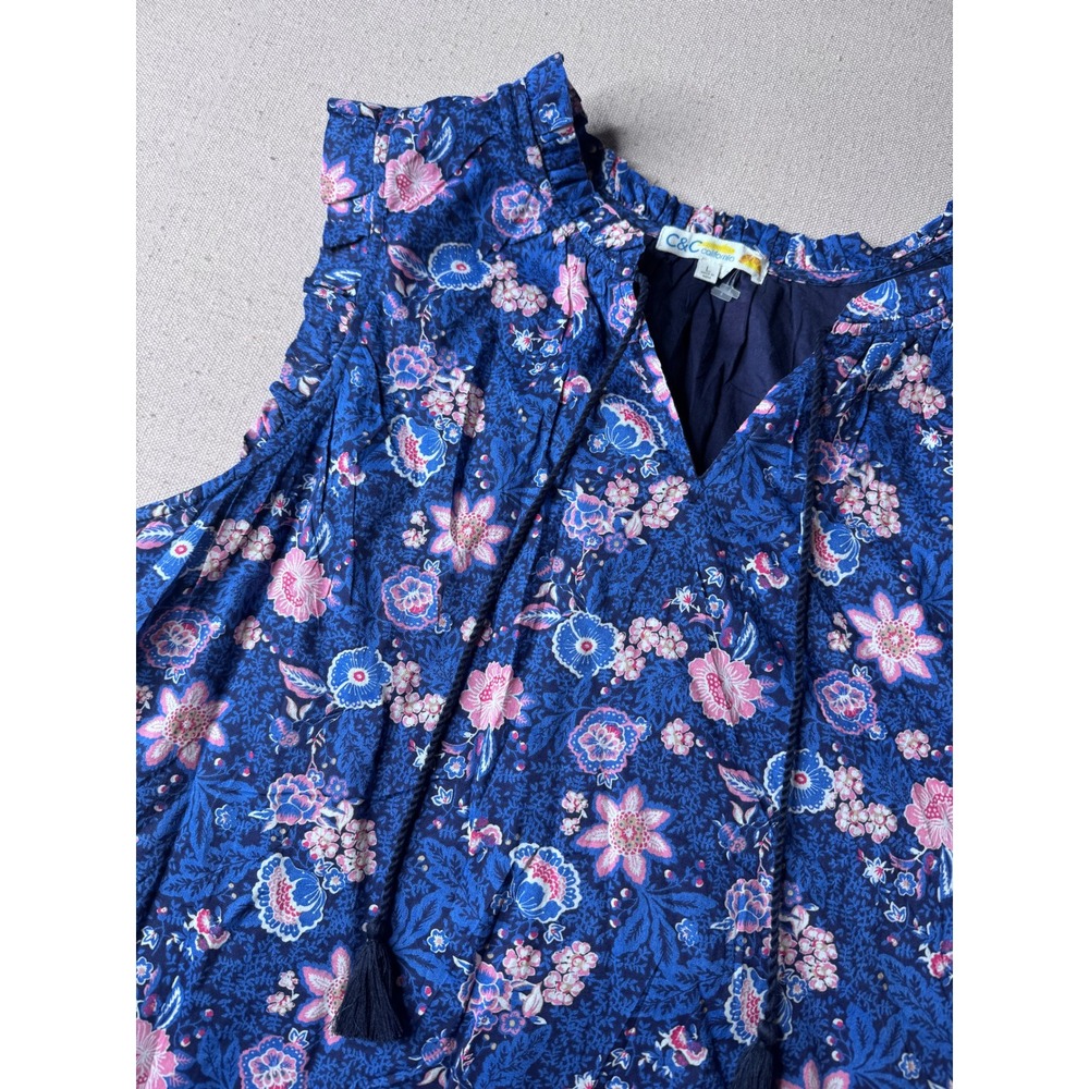 C&C California Blue Floral Cotton Sleeveless Boho Blouse Tassel Tie V-Neck Large